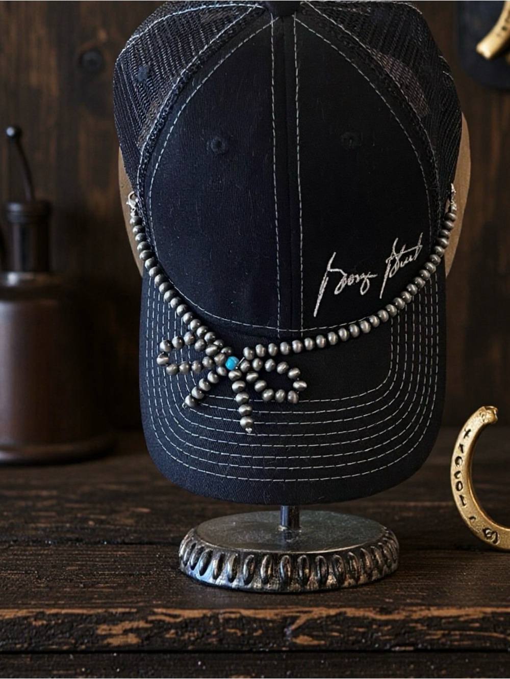 Black Baseball Cap with Embroidered George Strait Signature and Beaded Bow Chain